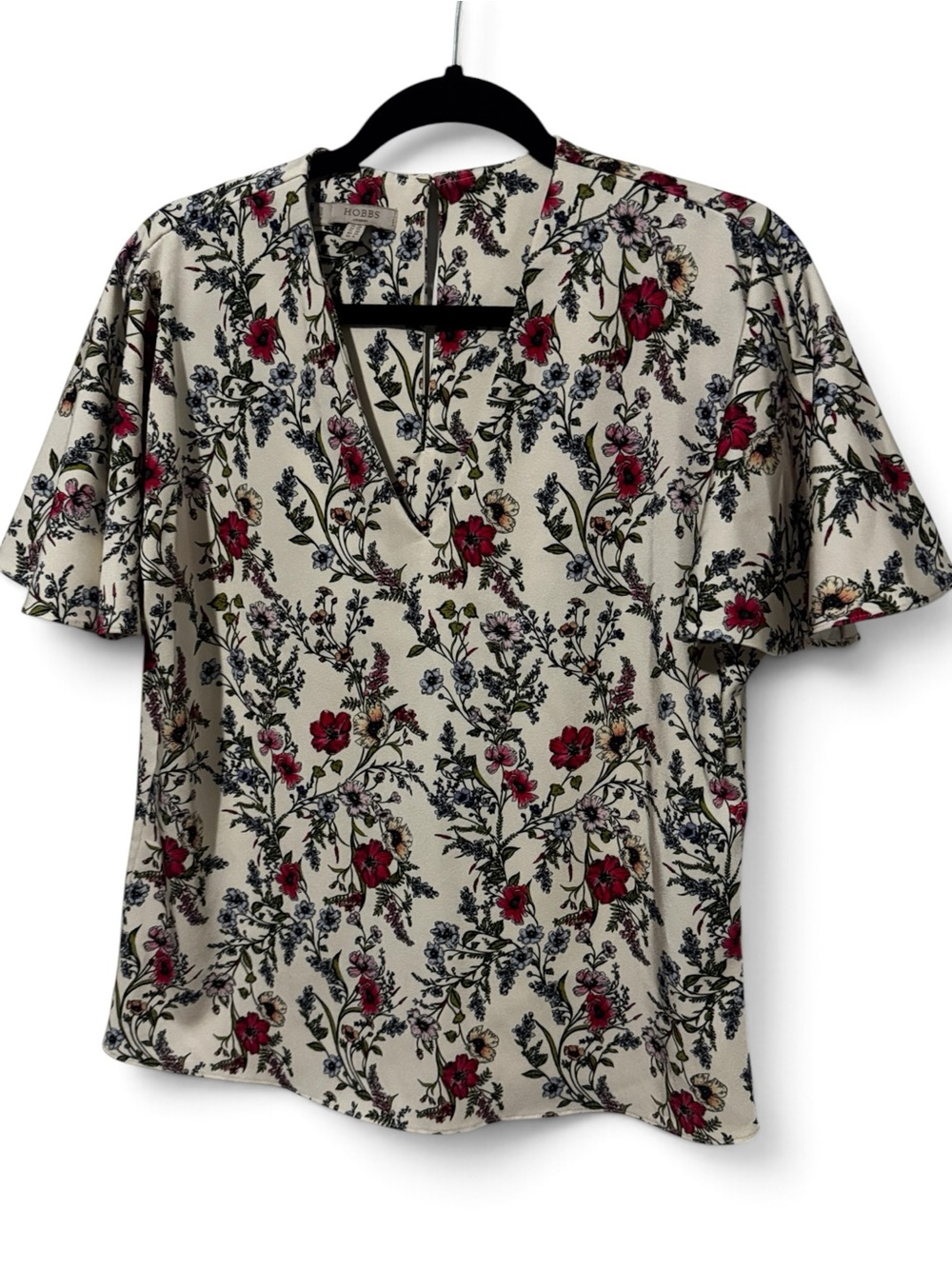 Hobbs London Blouse Women US 6 Ivory Floral Botanical Print Flutter Sleeve
